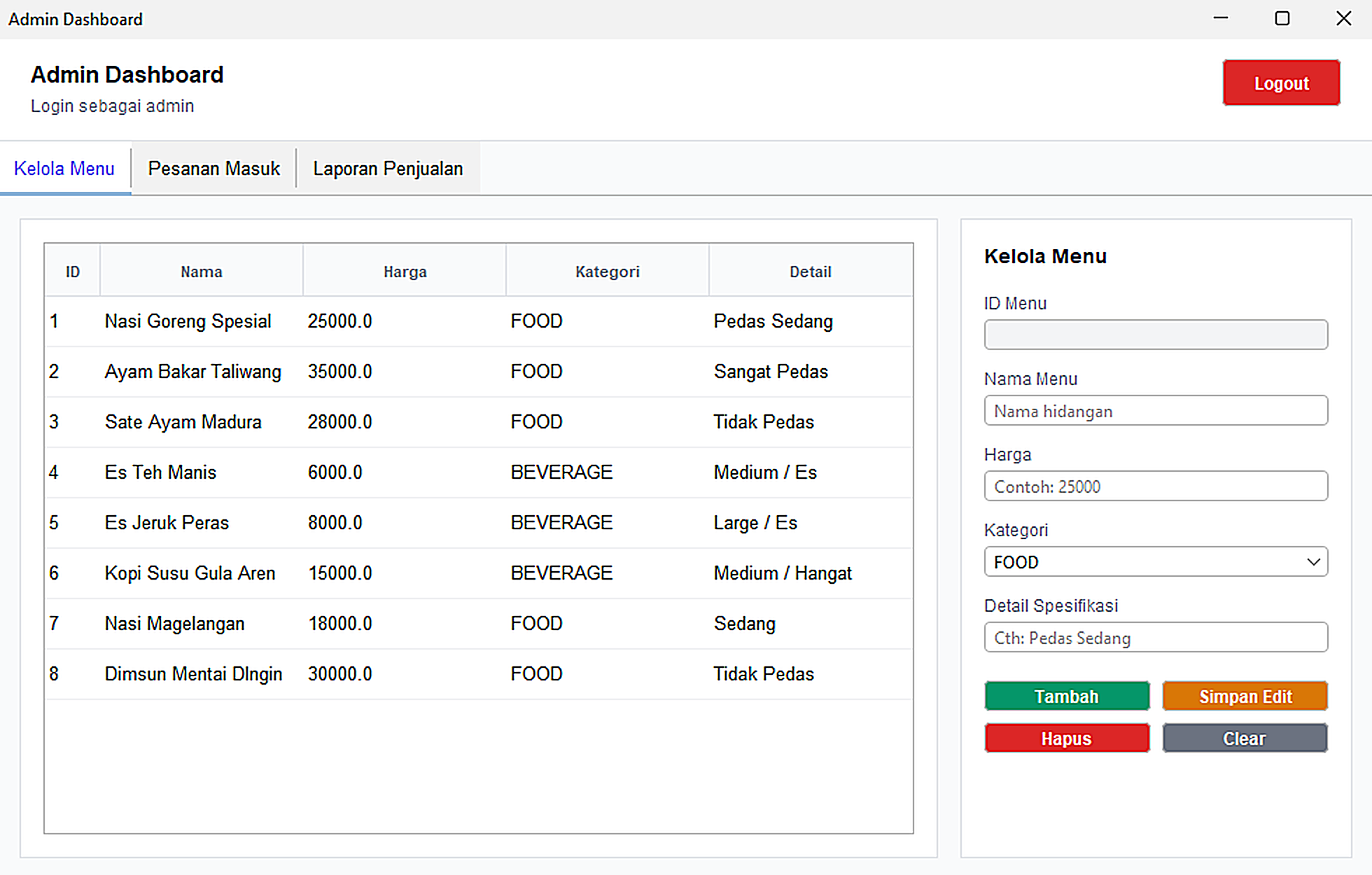 Tampilan Food Ordering Management System