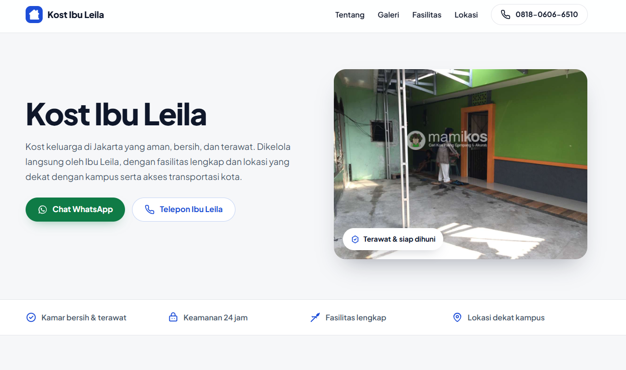Tampilan Website Kost Ibu Leila